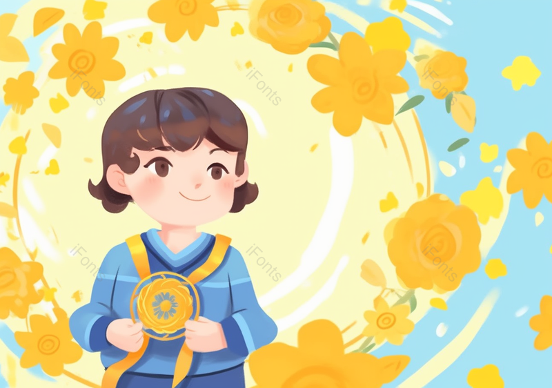女孩儿童节节日可爱小孩一个人花环胸花奖章简约背景插画,插画/手绘图,插画/手绘图库,插画/手绘图下载,插画/手绘